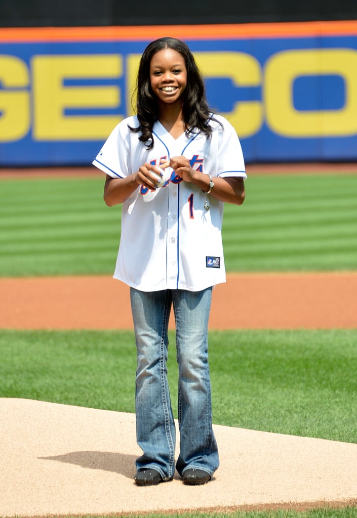 Olympic gold medalist Gabby Douglas threw the first pitch for the Mets game in NYC in August 2012.