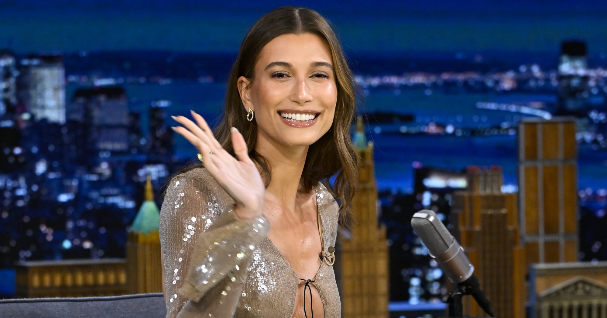 Hailey Bieber Wears Sequin 16Arlington Dress on Jimmy Fallon