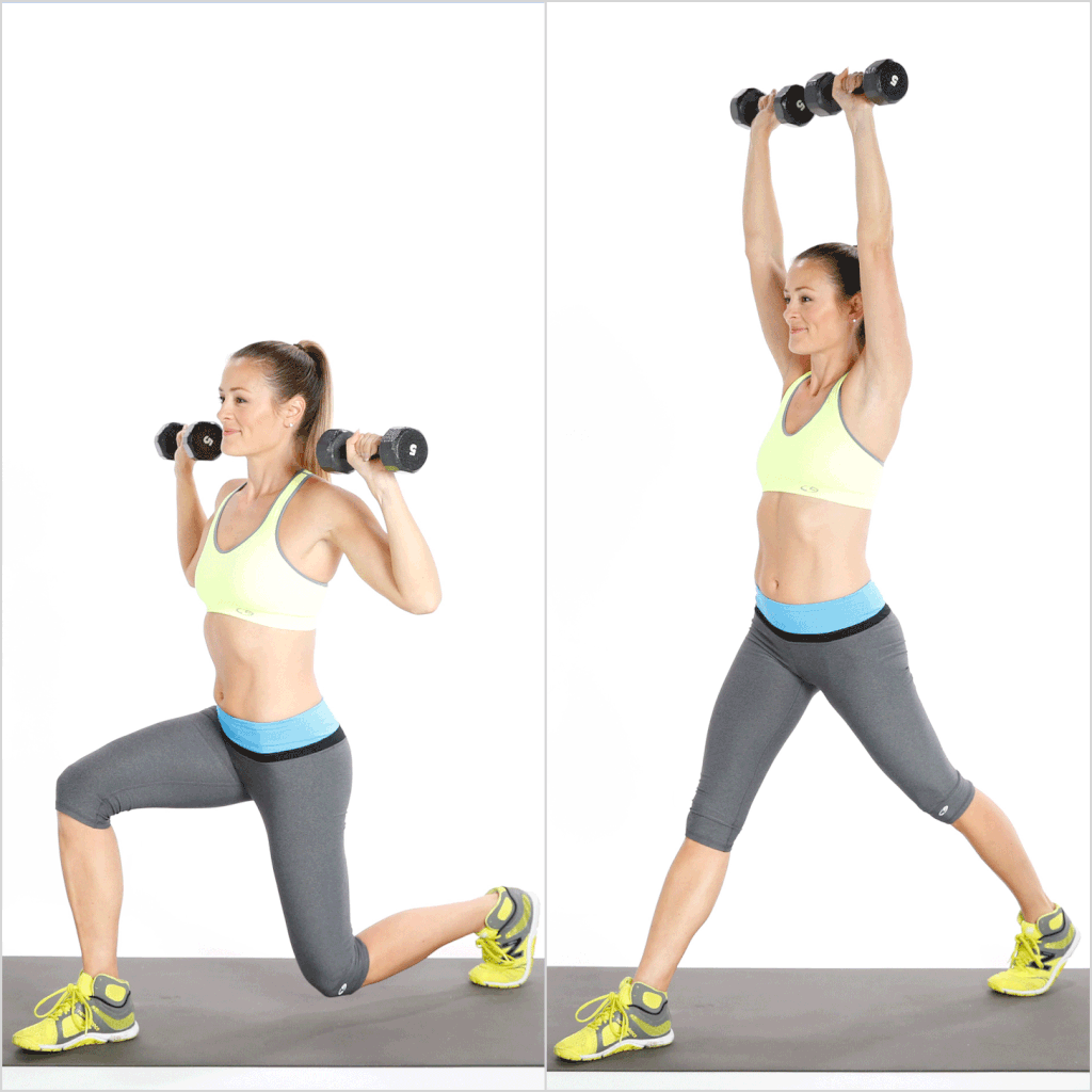 Front Lunge to Stand With Bicep Curl and Shoulder Press