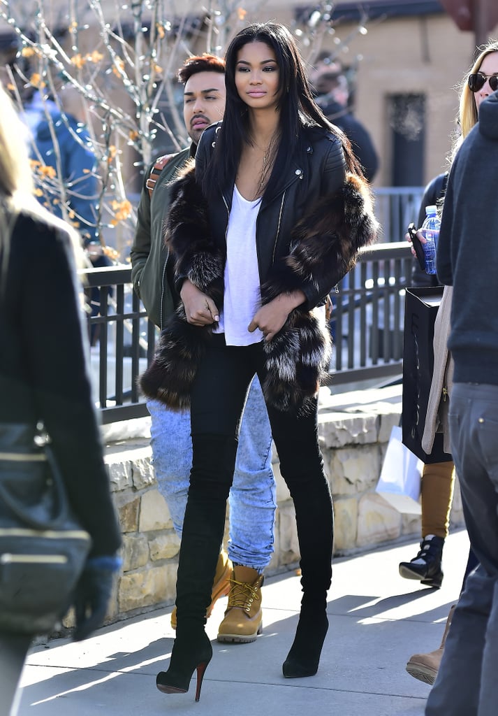 Chanel Iman wore a fur coat over her leather jacket and stayed cool with a pair of heeled boots while out in Park City, UT.