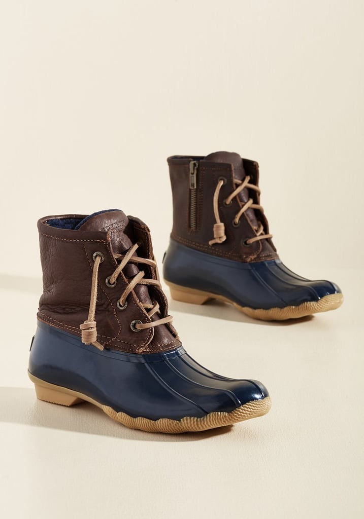 tan and navy duck boots