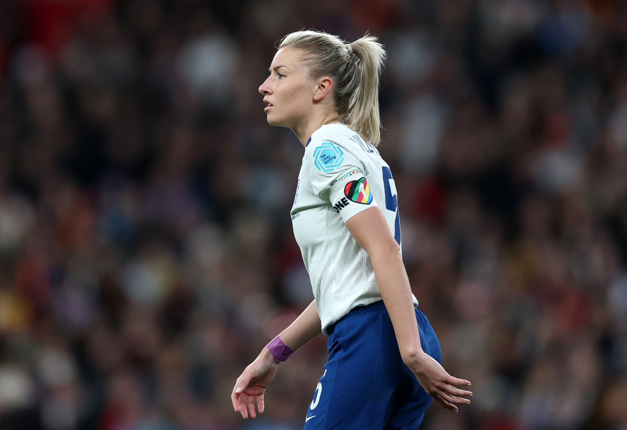 LONDON, ENGLAND - APRIL 06: Leah Williamson of England during the Women´s Finalissima 2023 match between England and Brazil at Wembley Stadium on April 06, 2023 in London, England. (Photo by Catherine Ivill - UEFA/UEFA via Getty Images)