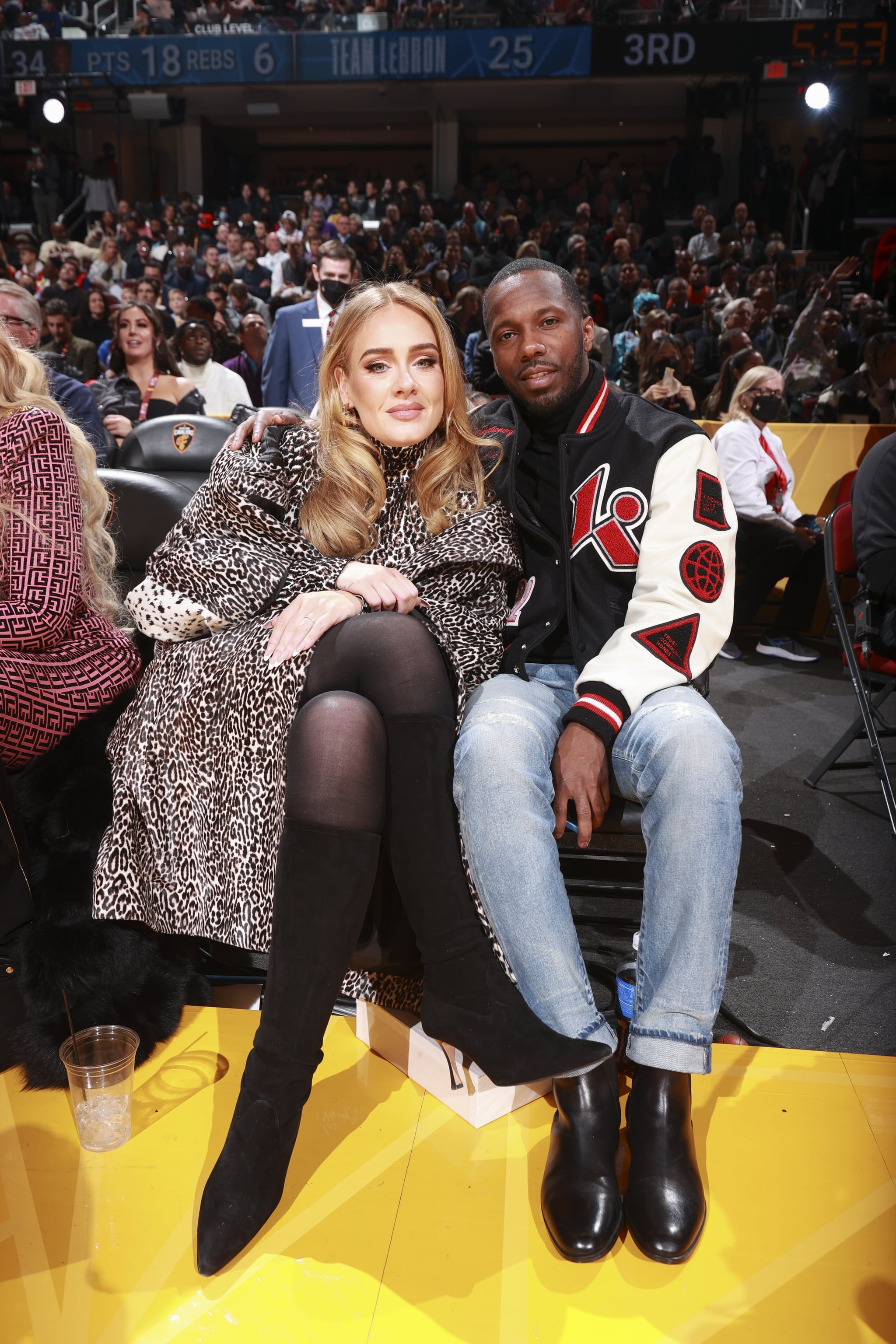 CLEVELAND, OH - FEBRUARY 20: Adele and Rich Paul pose for a photo during the 2022 NBA All-Star Game as part of 2022 NBA All Star Weekend on February 20, 2022 at Rocket Mortgage FieldHouse in Cleveland, Ohio. NOTE TO USER: User expressly acknowledges and agrees that, by downloading and/or using this Photograph, user is consenting to the terms and conditions of the Getty Images Licence Agreement. Mandatory Copyright Notice: Copyright 2022 NBAE (Photo by Nathaniel S. Butler/NBAE via Getty Images)