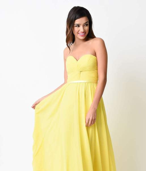 Bright Yellow Chiffon Strapless Sweetheart Corset Long Gown