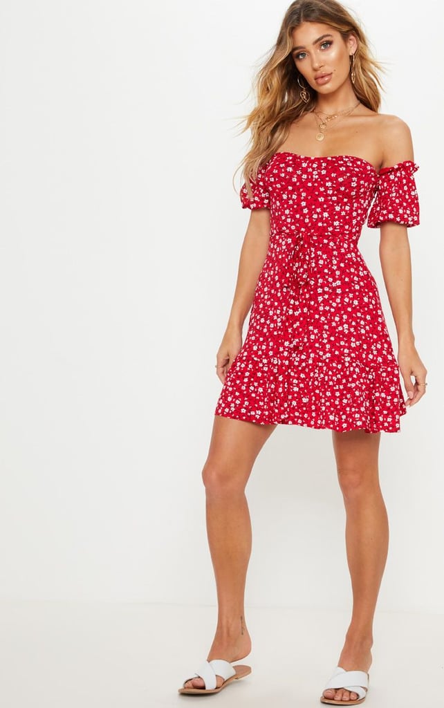 Pretty Little Thing Red Ditsy Print Bardot Frill Hem Skater Dress