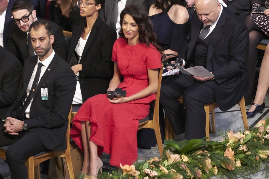 Amal Clooney Red Outfit at Nobel Peace Prize Ceremony 2018