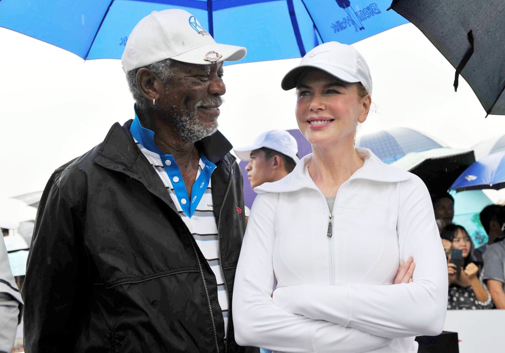 Nicole Kidman and Morgan Freeman chatted at the Mission Hills World Celebrity Pro-Am golf tournament in Haikou, China, on Saturday.