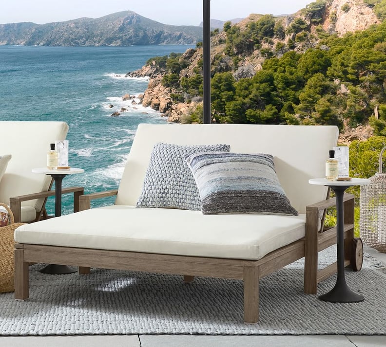 Best Double Outdoor Chaise Lounge: Pottery Barn Indio Eucalyptus Double Chaise Lounge with Wheels