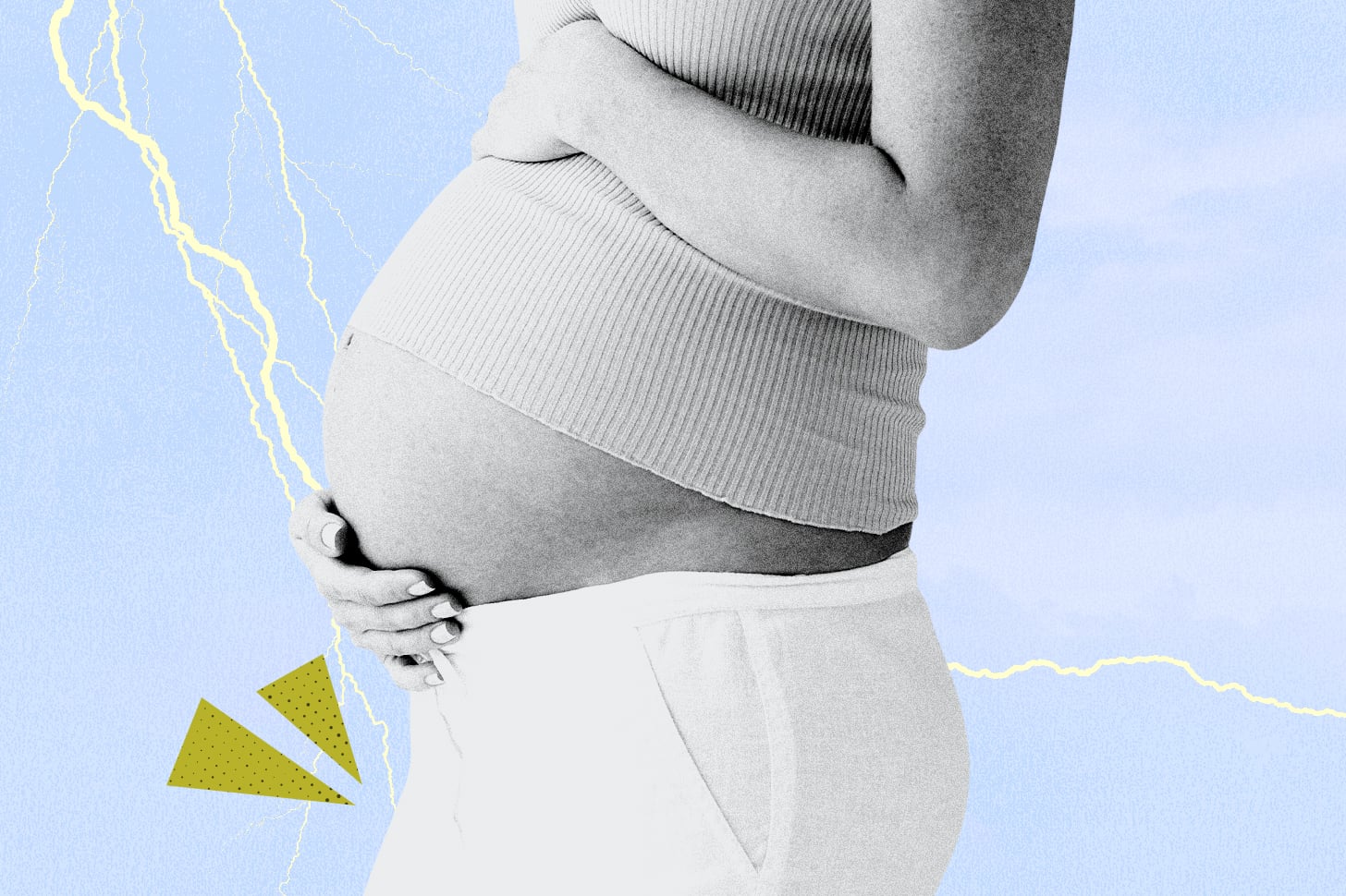 Black and white image of pregnant woman collaged in front of a blue sky backdrop and a lightning bolt.