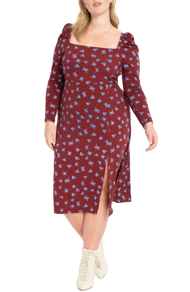 ELOQUII Floral Puff Sleeve Midi Dress