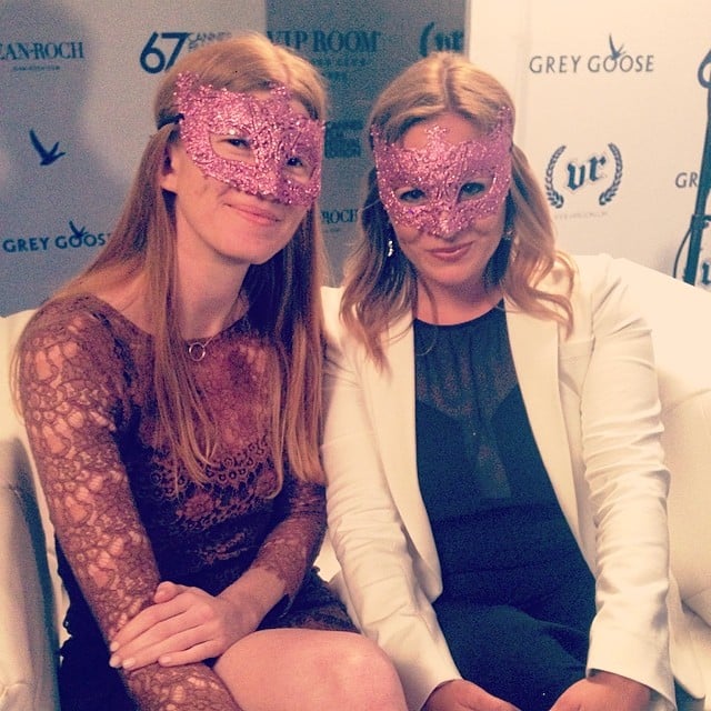 Producer Carla Hawkes and POPSUGAR Now's Becca Frucht sported masks at the Dancing Spies party, where we interviewed Rosario Dawson on the red carpet.