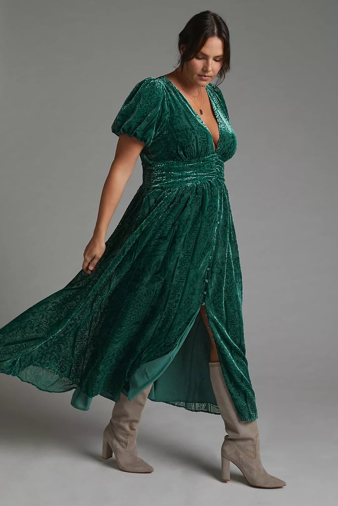 A Holiday Look: Puff-Sleeved Burnout Velvet Maxi Dress