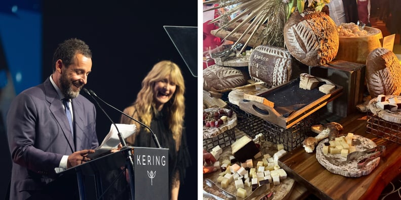 Side-by-side photos show Adam Sandler and Laura Dern speaking on a stage, and a big tower of bread and cheese at an after party