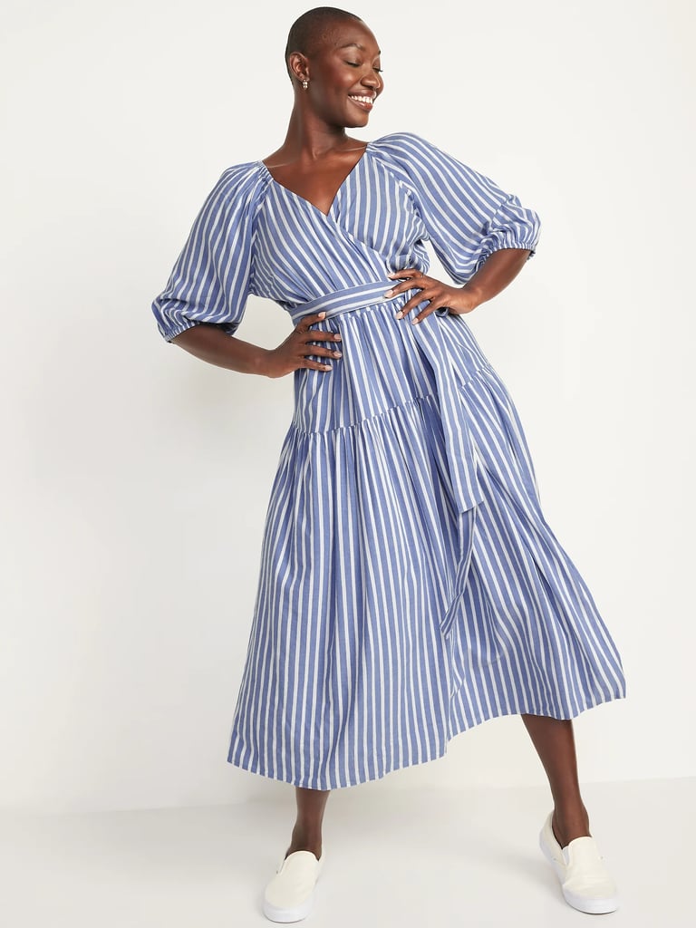 Old Navy Waist-Defined Striped Tie-Belt Midi Wrap Dress