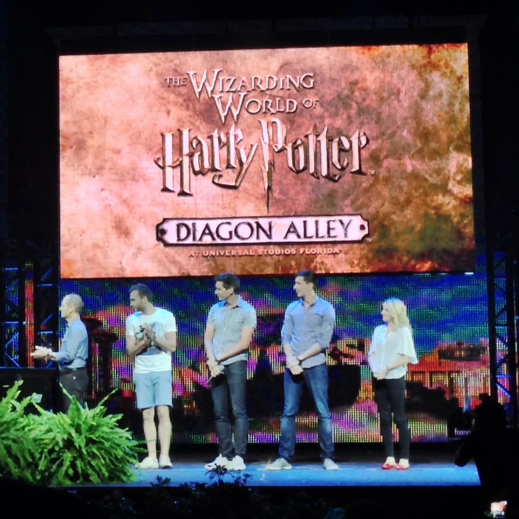 Evanna Lynch (Luna Lovegood), Matthew Lewis (Neville Longbottom), James Phelps (Fred Weasley), and Oliver Phelps (George Weasley) made a surprise announcement that the official opening of The Wizarding World of Harry Potter: Diagon Alley would be July 8.