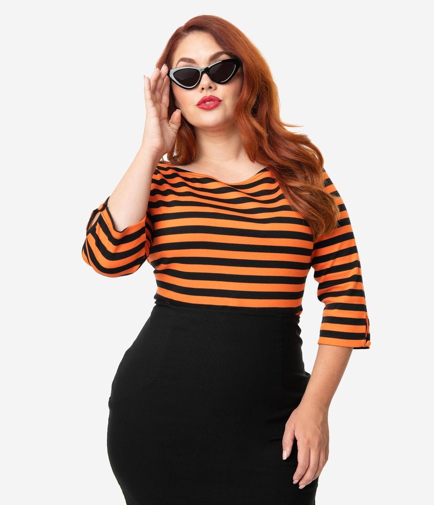 Plus-Size Black and Orange Stripe Knit Gracie Top | Unique Vintage 2019 ...