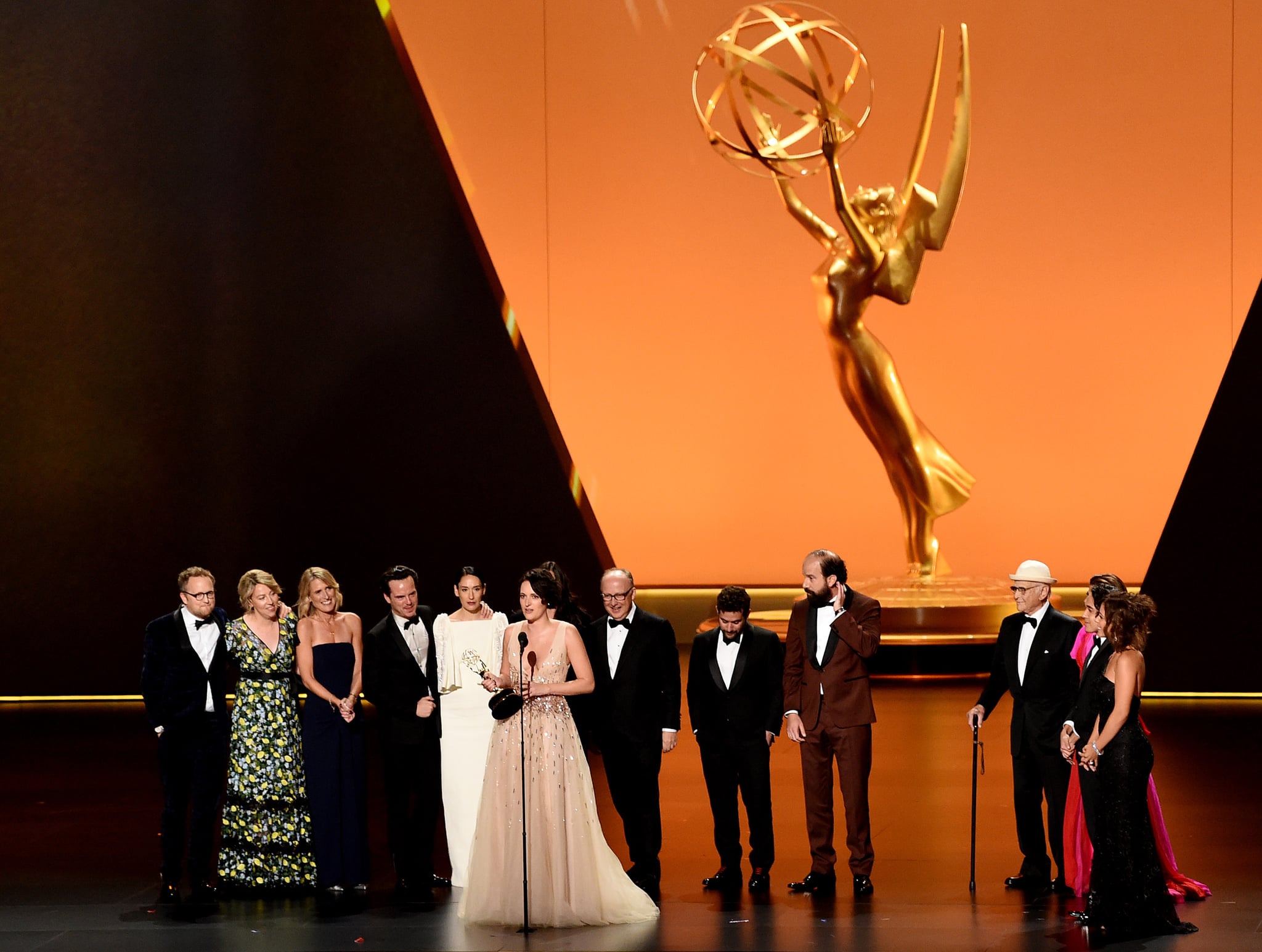 LOS ANGELES, CALIFORNIA - SEPTEMBER 22: Phoebe Waller-Bridge (speaking) and fellow cast and crew members of 'Fleabag' accept the Outstanding Comedy Series award onstage during the 71st Emmy Awards at Microsoft Theatre on September 22, 2019 in Los Angeles, California. (Photo by Kevin Winter/Getty Images)