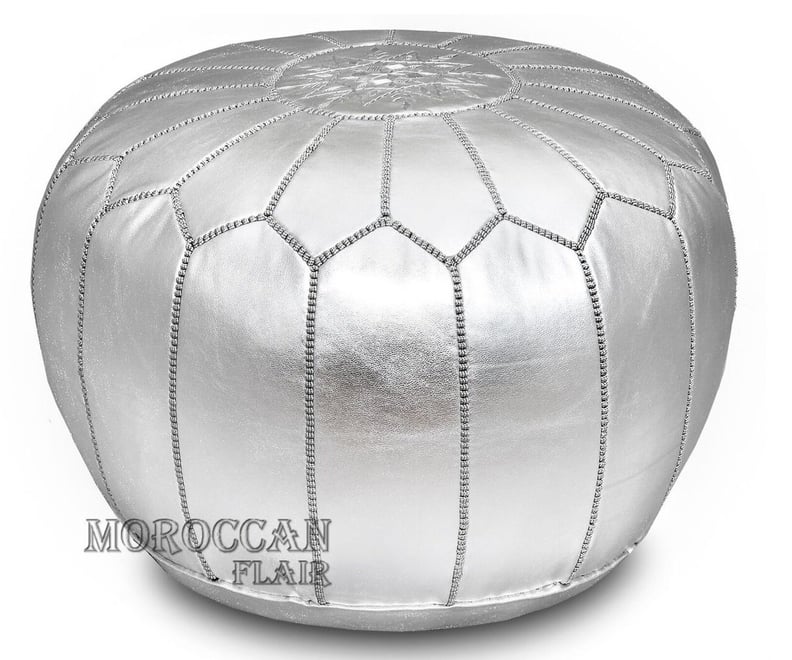 Moroccan Flair Metallic Leather Moroccan Pouf in Silver