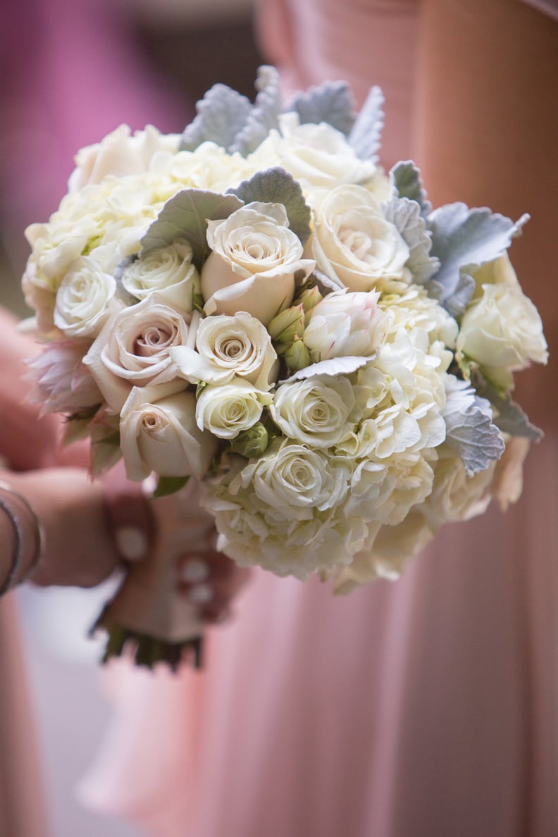 Quicksand Roses, Tibet Roses, Spray Roses, Hydrangea, Dusty Miller, and Blush Bride Protea