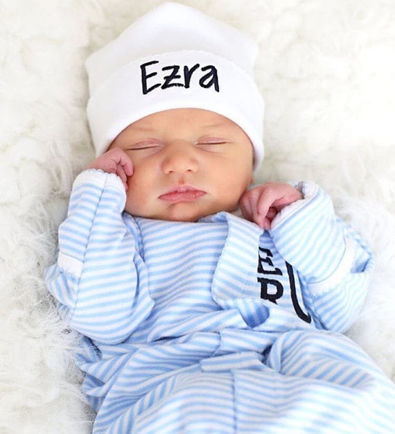 personalized footie, cap, and blanket