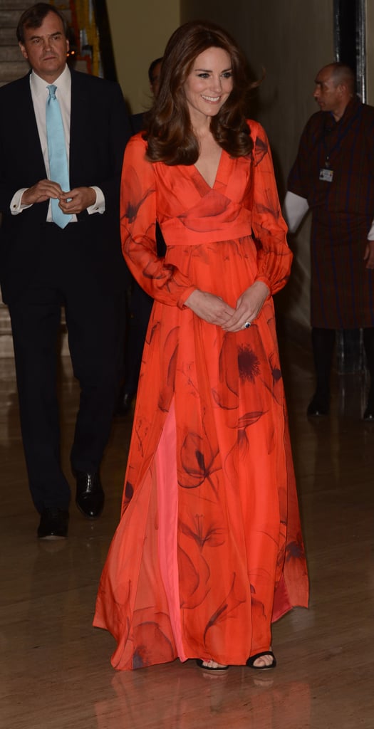 Beulah in Bhutan: The poppy is the national flower of Bhutan, and this gorgeous evening dress was designed specially. Kate wore it with gold Cassandra Goad 'Temple of Heaven' earrings and black Gianvito Rossi strappy sandals.