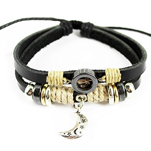 Moon Pendant Leather Wrap Bracelet