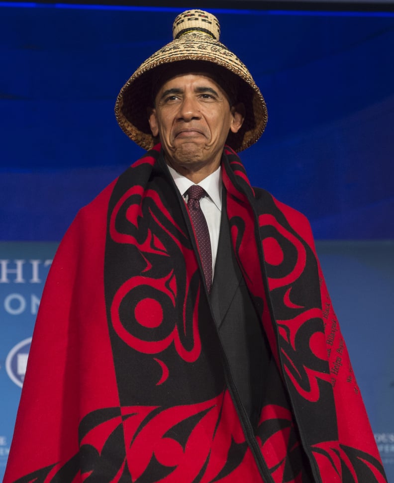 Donning a tribal blanket and hat at the White House Tribal Nations Conference in 2016.