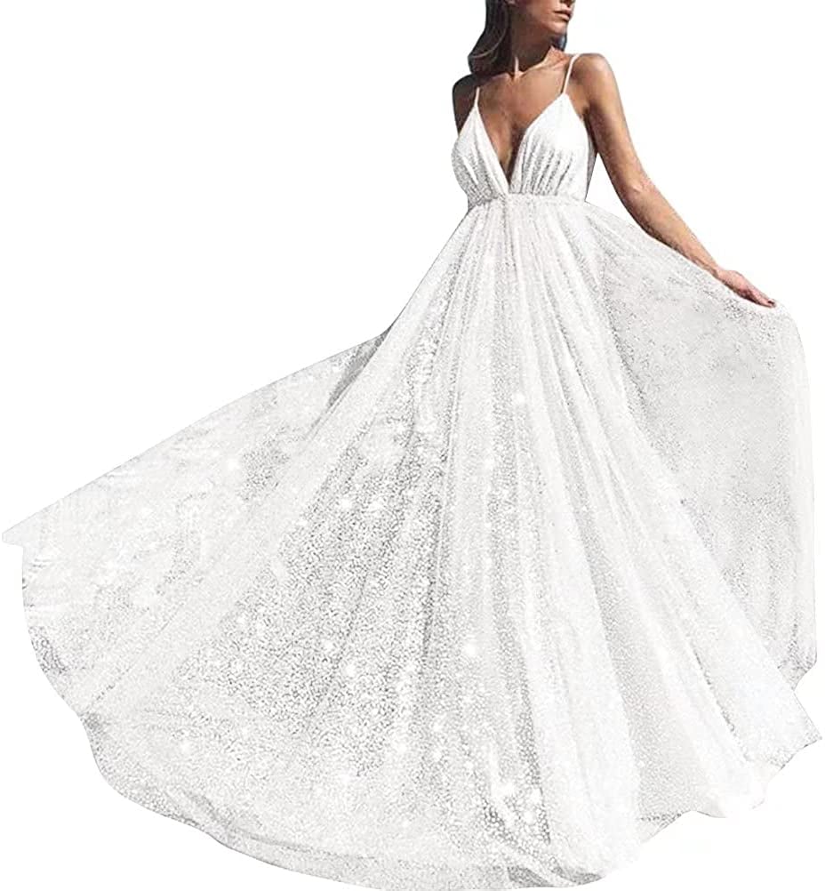 A Glittery Wedding Dress: Sparkling Deep V-Neck Dress