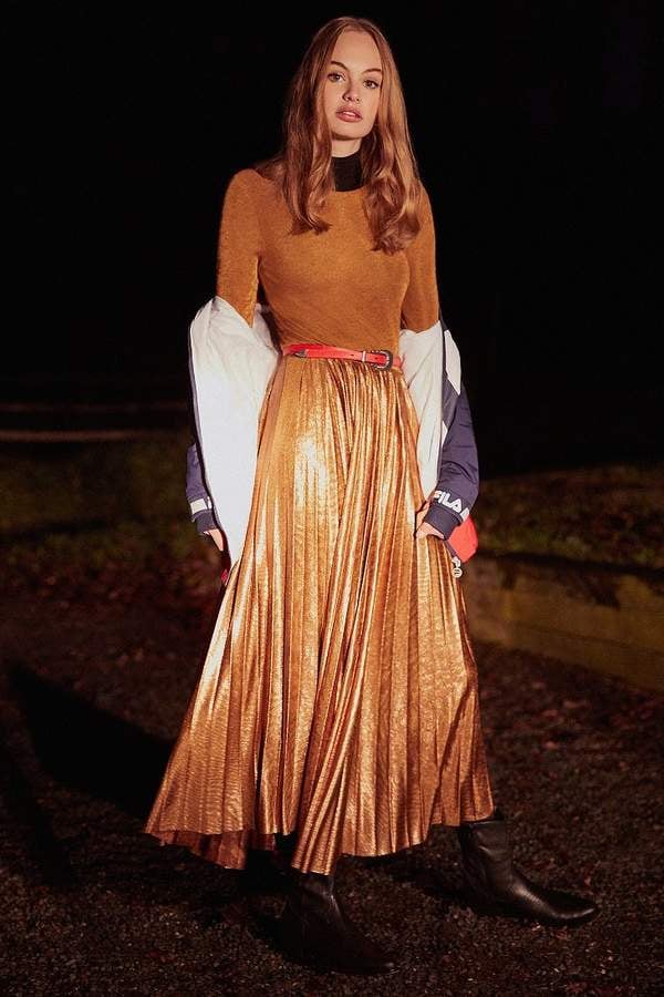 Urban Outfitters Gold Rush Pleated Metallic Midi Dress