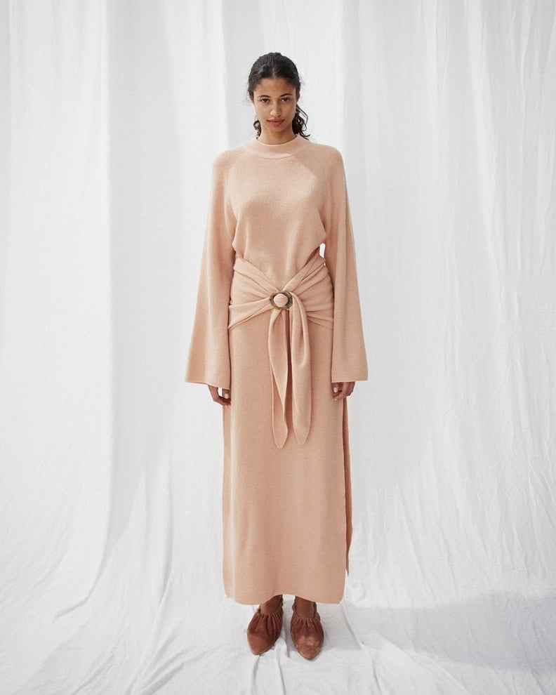 Nanushka Mahali Tie Front Knit Crewneck Dress — Apricot