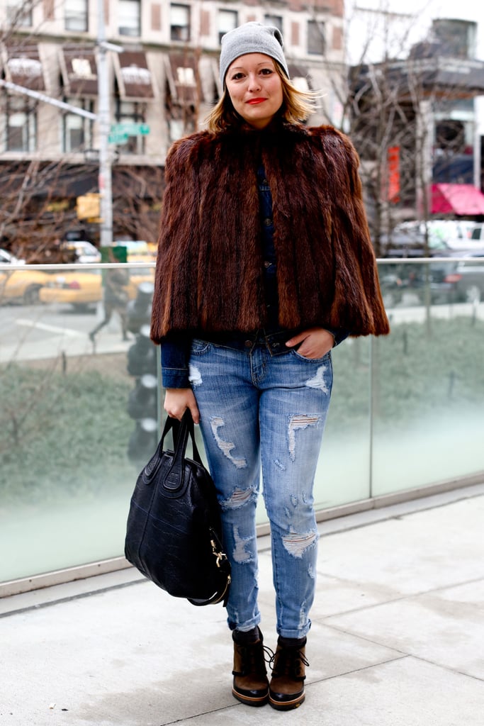 Boyfriend denim never looked so luxe, thanks to a fur jacket.
Boyfriend denim never looked so luxe, thanks to a fur jacket.