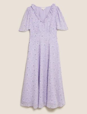 M&S X Ghost Floral V-Neck Frill Detail Midi Tea Dress