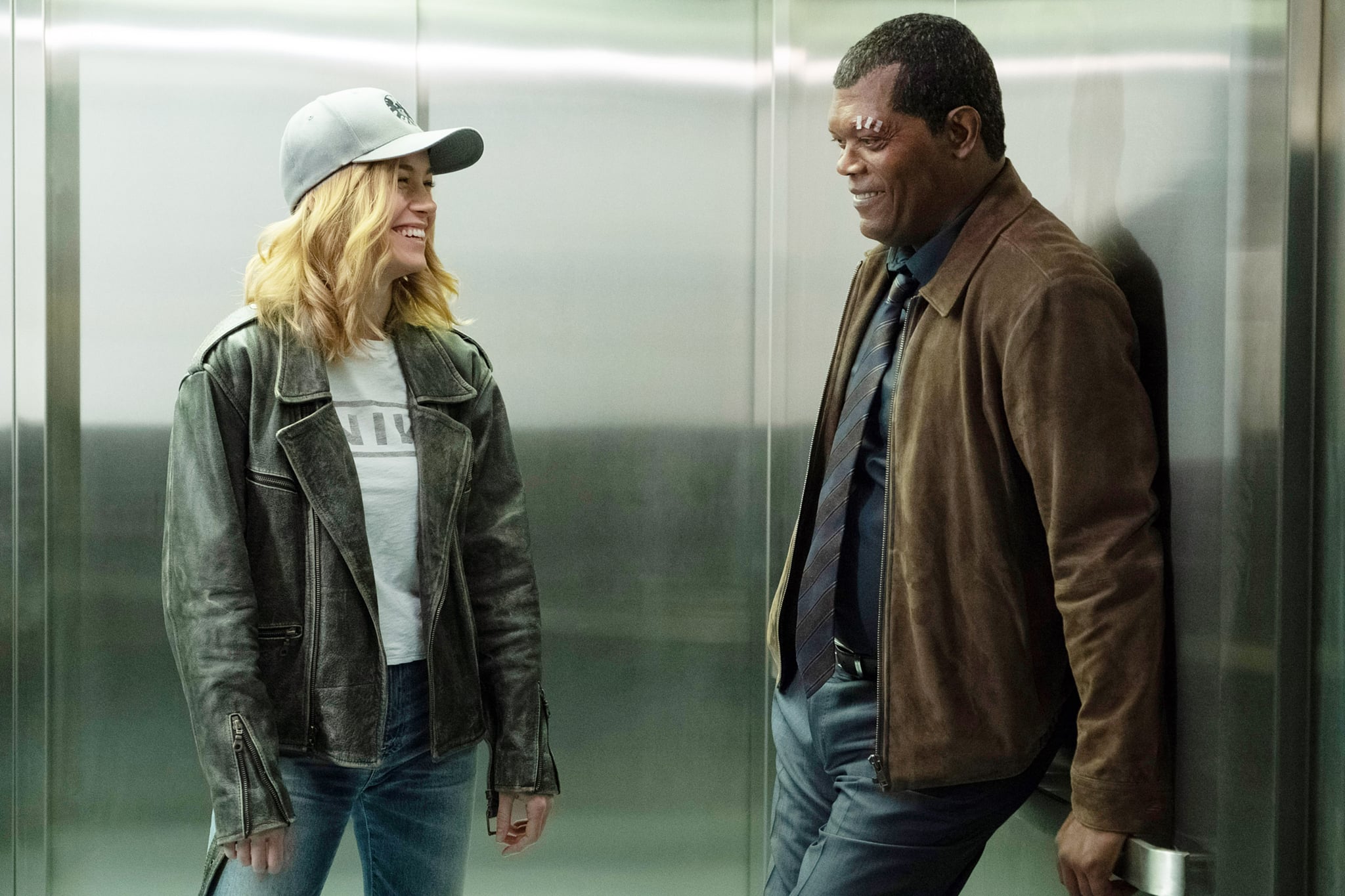 CAPTAIN MARVEL, from left: Brie Larson, Samuel L. Jackson, on set, 2019. ph: Chuck Zlotnick /  Walt Disney Studios Motion Pictures /  Marvel / courtesy Everett Collection