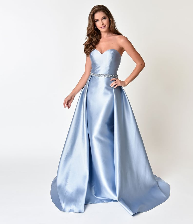 Perry Blue Strapless Sweetheart Neckline Satin Prom Gown