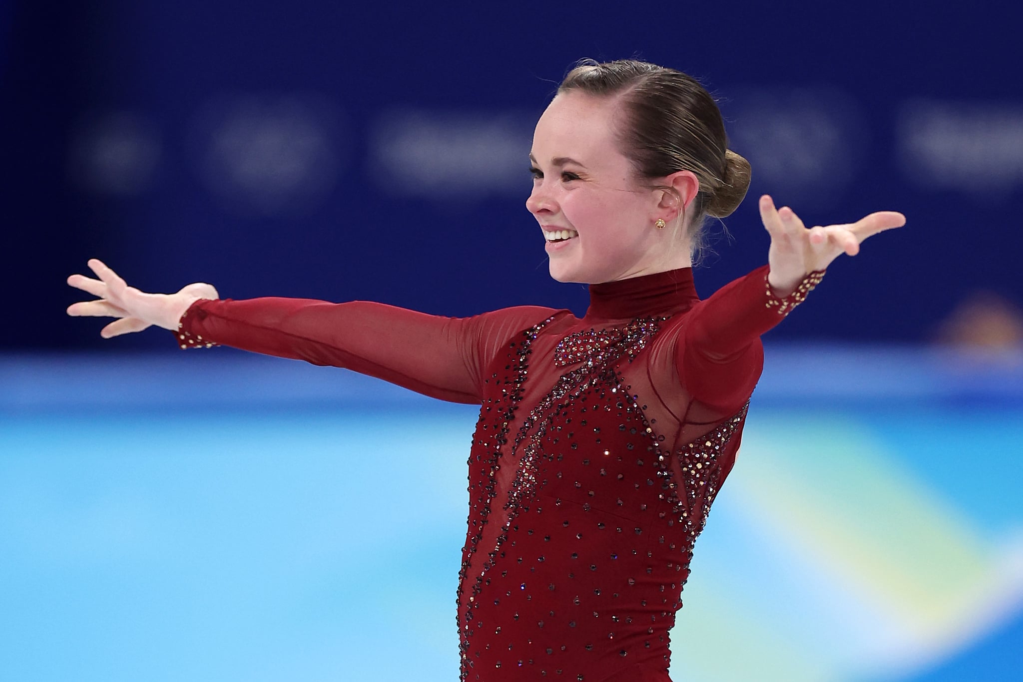 BEIJING, CHINA - FEBRUARY 17: Mariah Bell of Team United States reacts after skating during the Women Single Skating Free Skating on day thirteen of the Beijing 2022 Winter Olympic Games at Capital Indoor Stadium on February 17, 2022 in Beijing, China. (Photo by Matthew Stockman/Getty Images)