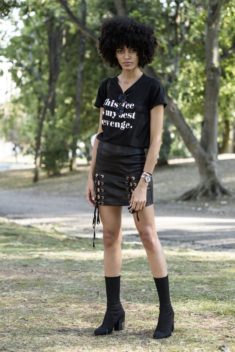 Make the Most of the Weather by Wearing a Leather Miniskirt and a T-Shirt