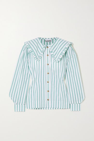 Ganni Feathery Striped Cotton-Poplin Blouse