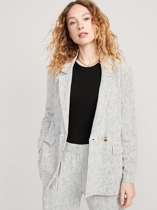 Striped Double-Breasted Linen-Blend Blazer