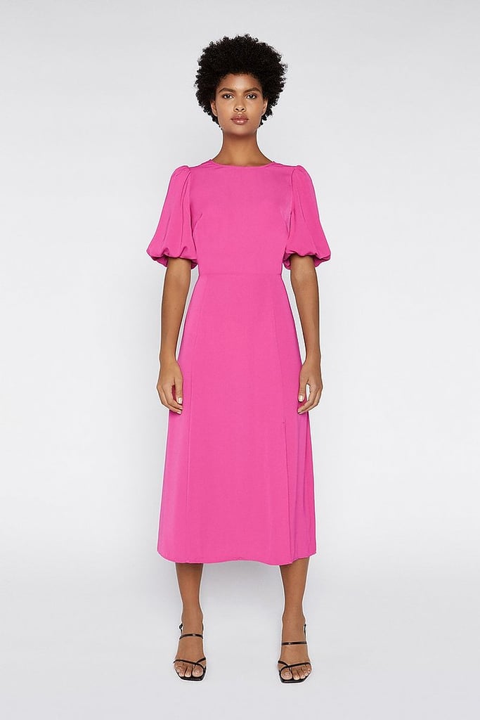 Warehouse Puff Sleeve V-Back Midi Dress