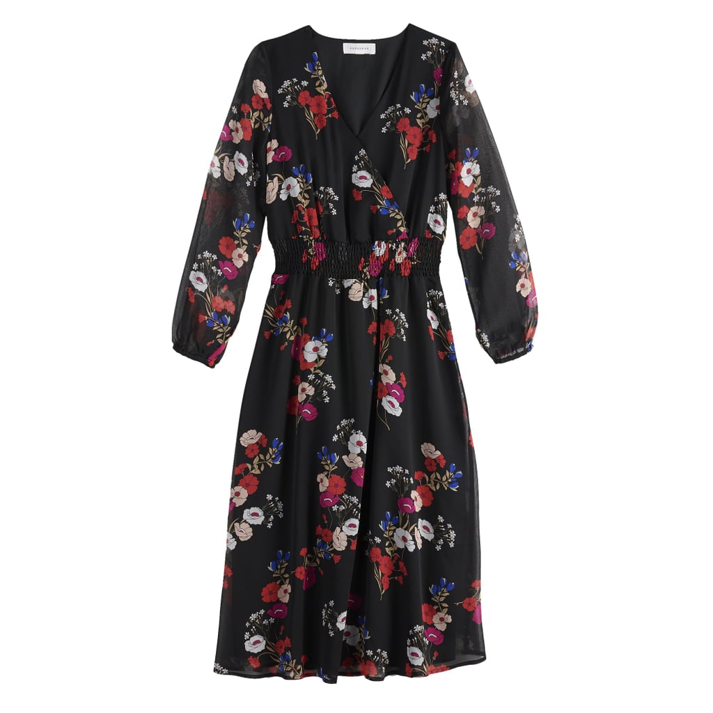 Smocked Midi Dress in Jet Black Falling Floral