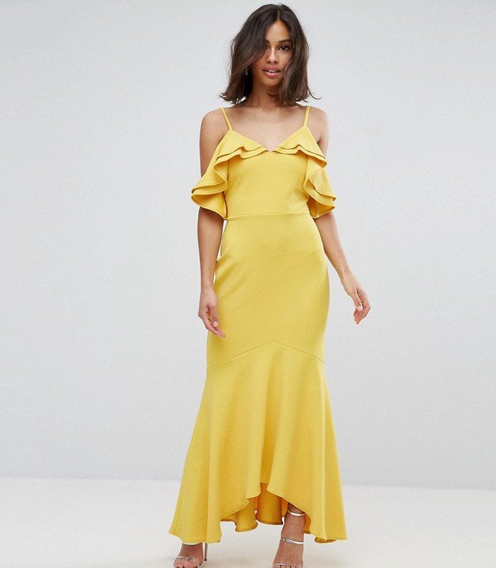 John Zack Petite Ruffle Bust Fishtail Maxi Dress