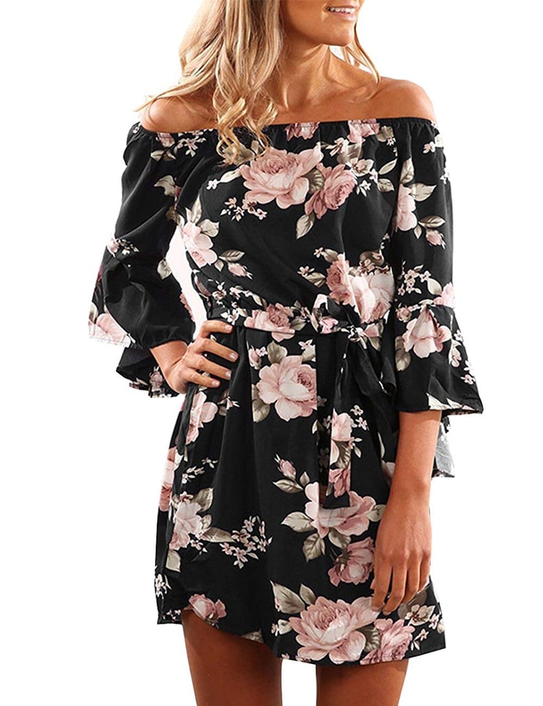 Kourtney Kardashian Black Floral Off the Shoulder Dress | POPSUGAR Fashion