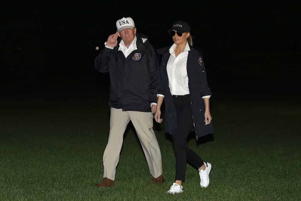 Melania wore her aviators in the night yet again, on the trek back to the White House from Texas in August 2017. She was wearing functional Adidas Stan Smith sneakers, too.