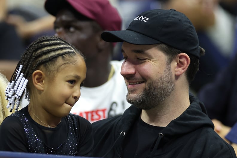 NEW YORK, NEW YORK - AUGUST 29: Alexis Olympia Ohanian Jr. and Alexis Ohanian, daughter and husband of Serena Williams of the United States, are seen prior to Serena's match against Danka Kovinic of Montenegro during the Women's Singles First Round on Day