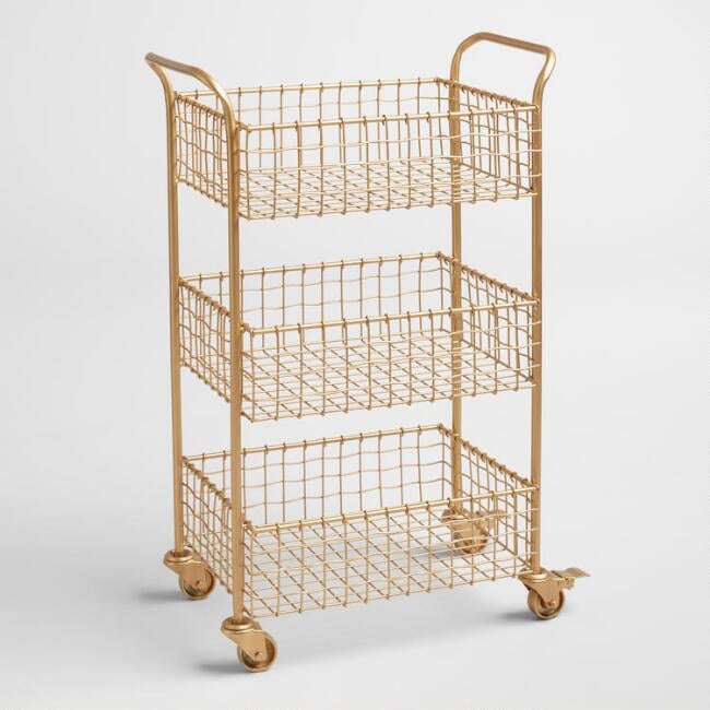 Gold Wire Basket 3-Tier Antonia Rolling Cart