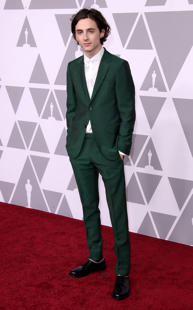 Timothée looked dapper in a green Gucci suit at the 2018 Oscar Nominees Luncheon.