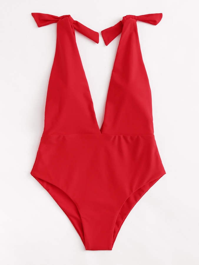 Shein Deep V Plunge Knot Swimsuit Sexy Red Swimsuits 2018 Popsugar Fashion Uk Photo 10