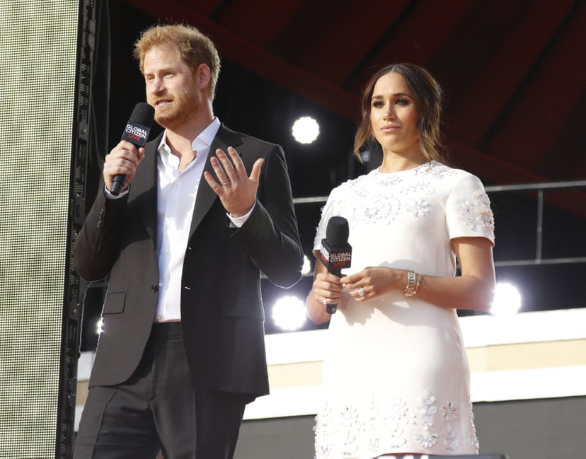 NEW YORK, NEW YORK - SEPTEMBER 25: Prince Harry, Duke of Sussex and Meghan, Duchess of Sussex speak onstage during Global Citizen Live, New York on September 25, 2021 in New York City. (Photo by John Lamparski/Getty Images,)