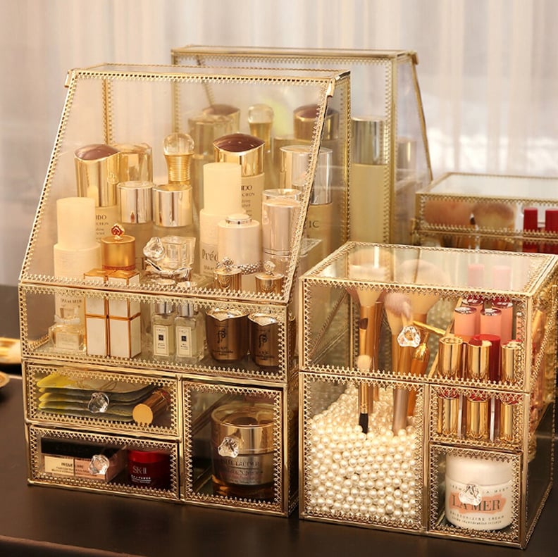 Makeup Organizer Luxury Gold Metal Glass Brush Acrylic Desk