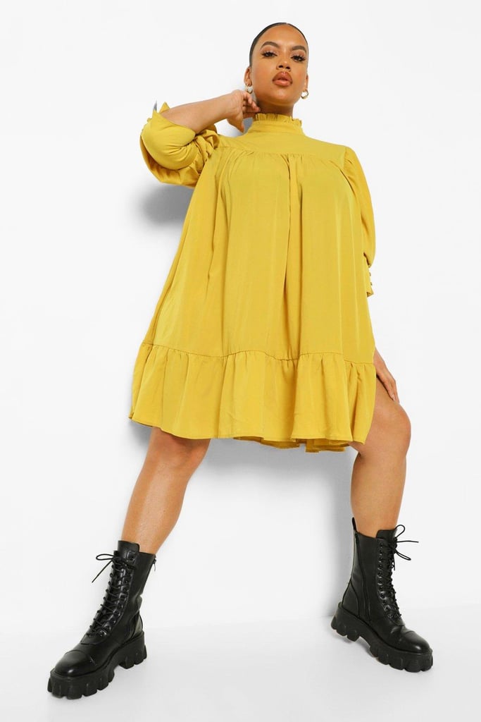Boohoo Plus High Neck Puff Sleeve Smock Dress